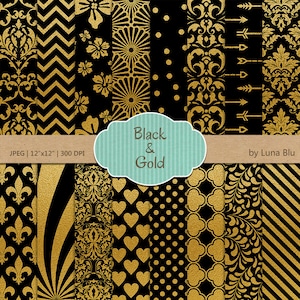 Nero e oro digitale carta: "Black and Gold Foil Patterns" oro carta digitale, carta scrapbook nero e oro, carta digitale nera