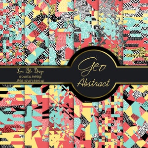 May include: A set of 12 digital papers featuring geometric patterns in black, white, red, yellow, and blue. The papers are designed in a retro style and are perfect for scrapbooking, card making, and other craft projects. The text "Geo Abstract" is displayed in a gold circle on a black background.