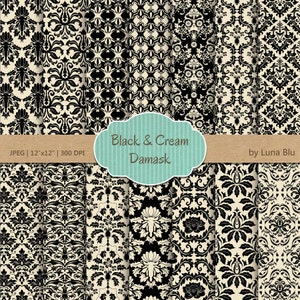 Schwarz und Creme Papier: "Schwarz und Creme" Damast-Muster, Damast Hintergründe für Scrapbooking, Cardmaking, lädt ein, Handwerk Zubehör