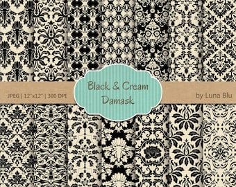 Papel digital Damasco negro y crema: Patrones para scrapbooking de 30 x 30 cm (descarga digital)