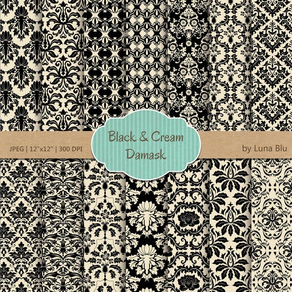 Black and Cream Digital Paper: "Black and Cream" damask patterns, damask backgrounds for scrapbooking, cardmaking, invites, craft supplies