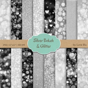 Silber Digital Papier: "Silber Bokeh und Glitter" Bokeh digitales Papier, grau Scrapbooking Papier, mit Herz Bokeh, funkelt, Glitzer-Texturen