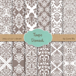 Taupe Digital Paper: &quot;Taupe Damask Patterns&quot; neutral damasks for cardmaking, invitations, taupe scrapbook paper