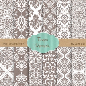 Taupe Digital Paper: Taupe Damask Patterns neutral damasks for cardmaking, invitations, taupe scrapbook paper image 1