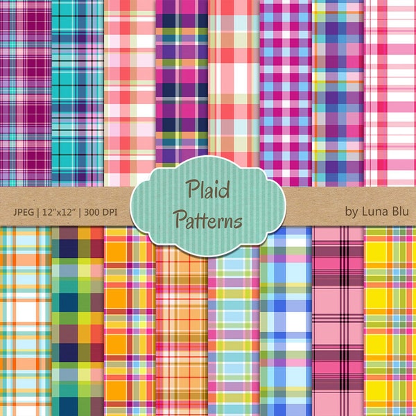 Plaid Digital Paper: "Plaid Patterns" scrapbooking paper, plaid backgrounds, Instant download