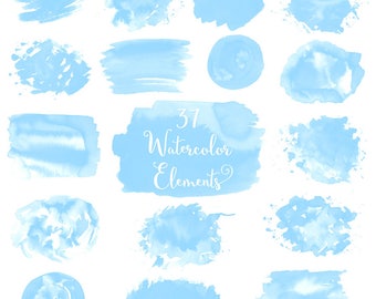 May include: A set of 37 light blue watercolor elements. The elements are in various shapes and sizes, including circles, squares, rectangles, and irregular shapes. The elements are perfect for adding a touch of color and texture to your designs.