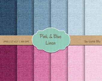 Linen Digital Paper: "Pink and Blue" linen textures, linen backgrounds for scrapbooking, invites, cardmaking,  linen canvas textures