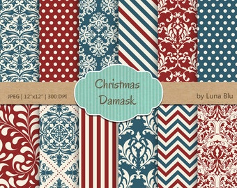 Christmas Digital Paper: "Christmas Damask " digital paper for invitations, cardmaking, stationary, crafts, scrapbooking