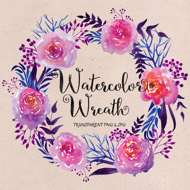 May include: Watercolor wreath with pink, purple, and blue flowers. The wreath is made of watercolor paint and has a rustic, vintage feel. The text "Watercolor Wreath" is written in black cursive lettering.