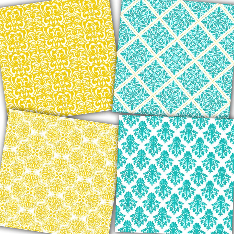 Damask Digital Paper turquoise and Yellow Damask Etsy