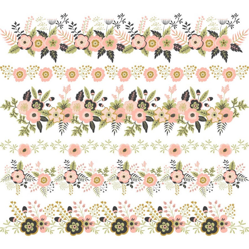 May include: Five floral borders with pink flowers, green leaves, and black accents. The borders are perfect for adding a touch of whimsy to any project.