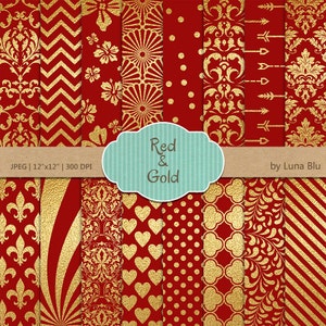 Rot und Gold Papier: "Rot und Goldfolie Muster" rote digitales Papier, rot und Gold gold Papier, Scrapbook Papier, Rot Weihnachten