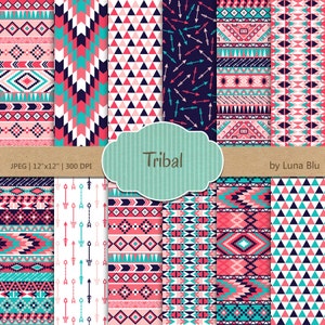 Stammes-Digital-Papier: "Tribal Patterns" Koralle Türkis und Marine Tribal, mit Dreiecken, Chevron, Pfeile, Aztec digitales Papier