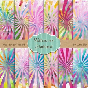 Starburst Digital Paper: &quot;Watercolor Starburst&quot; watercolor digital paper, starburst backgrounds, sunburst digital paper