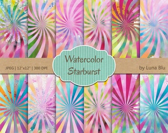 Watercolor Starburst Digital Paper: 12x12 Backgrounds (Digital Download)
