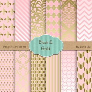 May include: A set of 12 digital papers in blush pink and gold featuring various patterns, including polka dots, stripes, hearts, and floral designs. JPEG | 12"x12" | 300 DPI. Blush & Gold by Luna Blu.