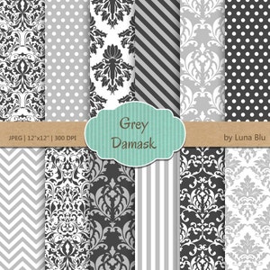 Grijze damast digitale Paper: "Grey damast Patterns" grijze digitale papier, neutrale damasks voor cardmaking, uitnodigingen, grijze scrapbooking papier