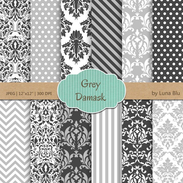 Grey Damask Digital Paper: "Grey Damask Patterns" grey digital paper, neutral damasks for cardmaking, invitations, grey scrapbooking paper