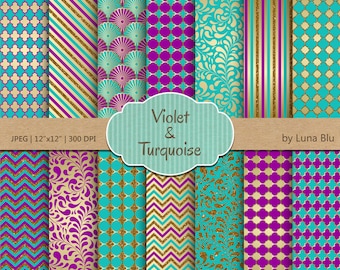 Turquoise Violet and Gold Digital Paper: &quot;Turquoise and Violet Patterns&quot; scrapbook paper, glitter gold digital paper, scrapbooking