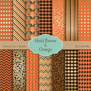 Papel digital laranja marrom e dourado: papel para scrapbook "Padrões laranja e marrom", papel digital dourado brilhante, scrapbooking, confecção de cartões