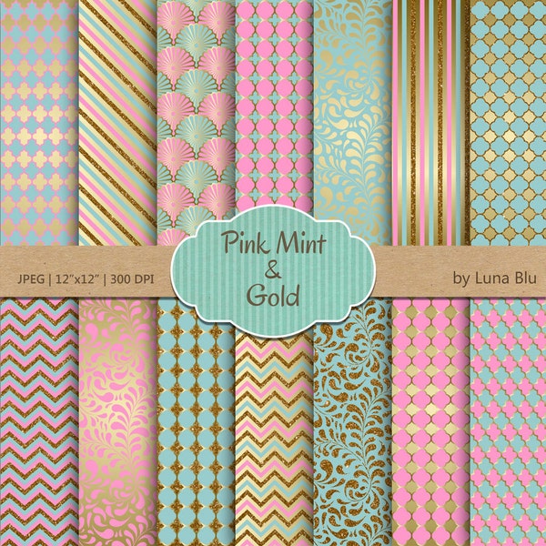 Pink Mint and Gold Digital Paper: "Pink Mint and Gold Patterns" scrapbook paper, pink and mint digital paper