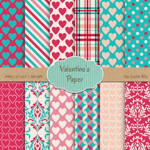 Valentine Digital Paper: &quot; Valentine Paper&quot; turquoise, pink and peach love digital paper, valentine scrapbook paper