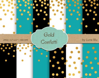 Gold Confetti Digital Paper: "Gold Foil Confetti" Turquoise and Gold, Black Turquoise White and Gold Foil Scrapbook Paper, Gold Confetti