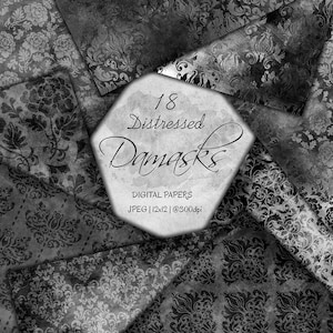 Used Look schwarz digitales Papier, beunruhigt Damast Papier, schwarzer Damast, Grunge digitales Papier, schwarze beunruhigt Hintergründe