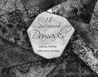 Distressed Black Damask Digital Paper: Grunge Textures (Digital Download)