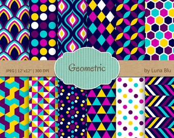 Geometric Digital Paper: "Geometric Patterns"neon digital paper, colorful geometric papers, geometric background, geometric scrapbook paper