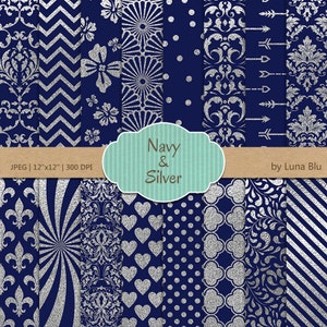 Marina de guerra y plata papel Digital: papel digital "Plata papel patrones" Marina de guerra, azul marino y plata scrapbook, papel digital plata
