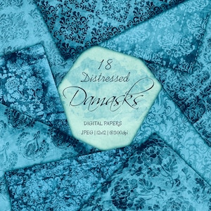 Teal Distressed Damask Digital Paper: Grunge Textures (Digital Download)