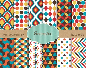 Geometric Digital Paper: "Geometric Patterns" colorful geometric papers, geometric backgrounds, geometric scrapbook paper