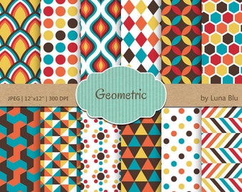 Colorful Geometric Digital Paper: Scrapbook Backgrounds (JPG, 12x12 inches)