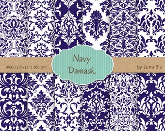 Navy Digital Paper: "Navy Damask " scrapbook paper, blue digital paper for invitations, cardmaking, stationary, crafts, scrapbooking