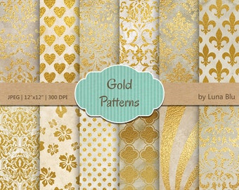 May include: A set of 8 digital paper patterns featuring gold foil designs on a cream background. The patterns include hearts, damask, fleur-de-lis, polka dots, flowers, and geometric shapes. The text "Gold Patterns" is displayed on a teal banner.