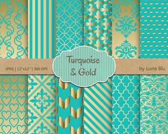 May include: A set of 12 digital paper patterns in turquoise and gold. The patterns include swirls, stripes, circles, fleur-de-lis, damask, polka dots, and geometric designs.