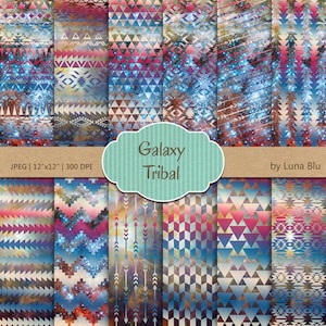 Pode incluir: Um conjunto de 12 papéis digitais com um fundo de galáxia e padrões tribais em tons de azul, rosa e marrom. Os papéis medem 30,5 cm por 30,5 cm e 300 DPI. O texto "Galaxy Tribal" é exibido em um rótulo turquesa.