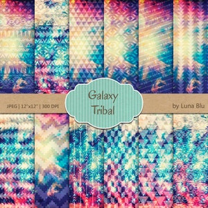 Tribal Digital Paper: &quot;Galaxy Tribal Patterns&quot; featuring triangles, arrows, aztec pattern, galaxy background, colorful tribal designs