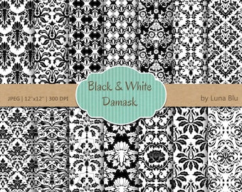 Papel de scrapbooking con estampados de damasco en blanco y negro (descarga digital)