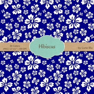 May include: A seamless digital paper pattern featuring white hibiscus flowers on a dark blue background. The pattern is 12 inches by 12 inches and 300 DPI. The text "Hibiscus" is displayed in a light blue banner.