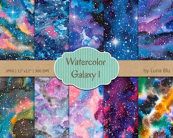 Galaxy Digital Paper: "Watercolor Galaxy" star digital paper, starry skies, outer space art, night sky digital paper, watercolor background