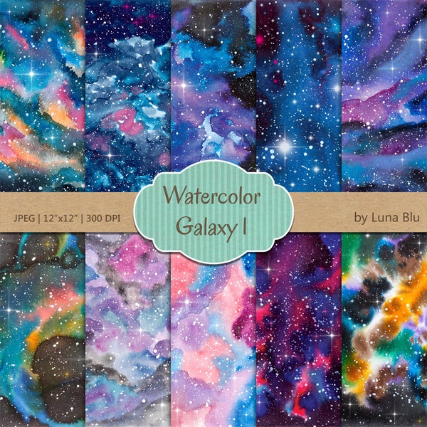 Galaxy Digital Paper: "Watercolor Galaxy" star digital paper, starry skies, outer space art, night sky digital paper, watercolor background