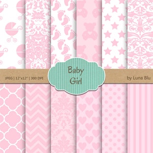Baby Girl digital paper pack: It's a Girl light pink with hearts, stars, bears, dots, damasks, baby feet, baby scrapbook paper image 1
