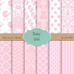 Pacchetto di carta digitale Baby Girl: "It's a Girl" rosa chiaro con cuori, stelle, orsi, punti, damaschi, bambini, carta da demolizione per bambini