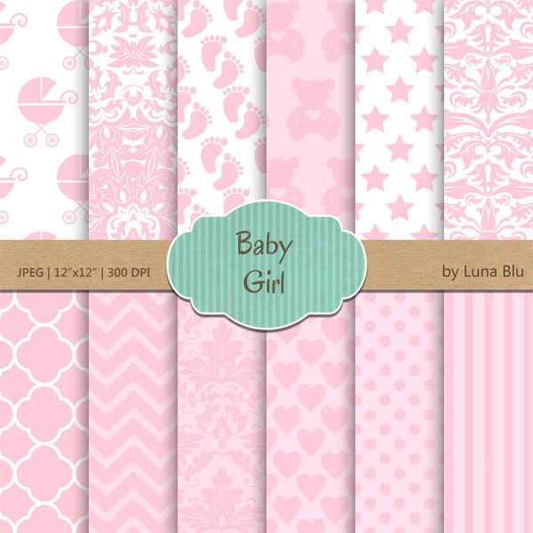 Baby Girl digital paper pack: "It's a Girl" light pink with hearts, stars, bears, dots, damasks, baby feet, baby scrapbook paper