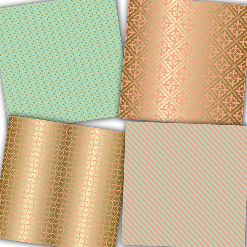 salmon cardmaking coral wedding Coral Mint and Gold Digital Paper: Coral Mint and Gold Patterns scrapbook paper scrapbooking peach