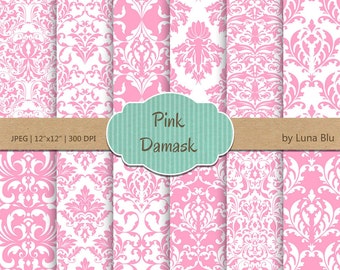 Pink Damask Digital Paper: 12x12 Scrapbook Patterns (Digital Download)