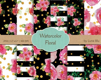 Watercolor Floral Digital Paper: "Watercolor Florals" watercolor flowers, floral scrapbooking paper, watercolor clipart, floral backgrounds
