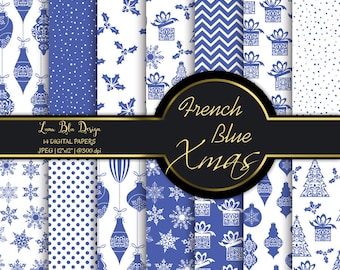 French Blue Christmas Digital Paper: Scrapbook Backgrounds (12x12, 300dpi)